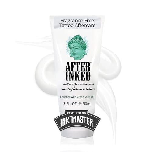 After Inked Tattoo Aftercare Lotion Moisturizing Balm for Inked Skin, Featured on Ink Master, Hydrating Skin Nourishment Cream with Grape Seed Oil, Gentle Daily Tattoo Maintenance, 3oz Tube, 1 Pack