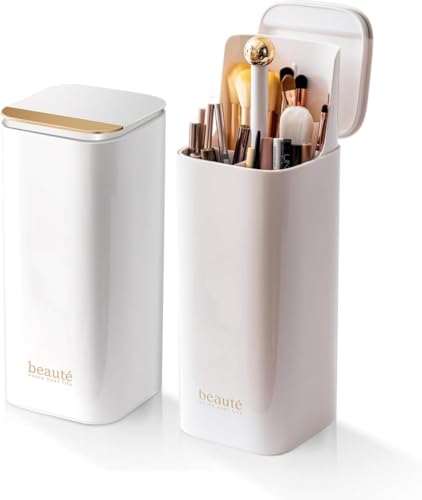 Automatic Lifting Makeup Brush Organizer with Lid - White Gold
