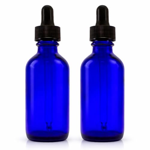 GreenHealth 2oz Cobalt Blue Glass Dropper Bottles Pack of 2 – Travel Size, UV Protection, Refillable for Essential Oils & Serums