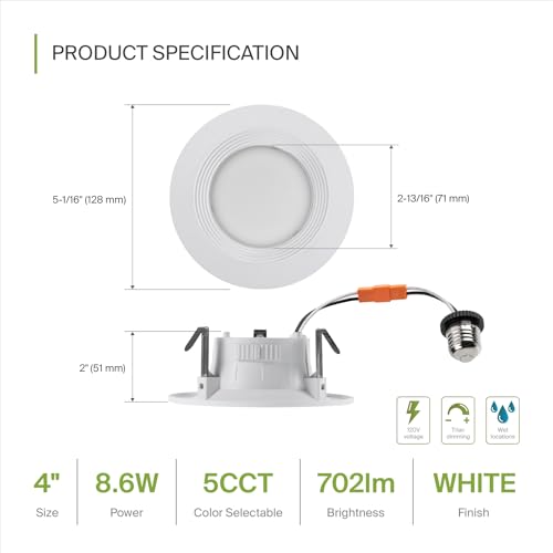 ASD 4 Inch Dimmable LED Recessed Light - 9W, 2700K-5000K, Wet Rated