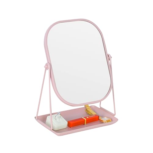 Pink Rotating Metal Makeup Mirror with Storage - 360° Swivel Vanity Mirror