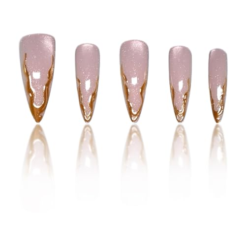 YQSWSTL Almond Cat Eye Press-On Nails Long Gold Edge Model QKS-BT-017-11