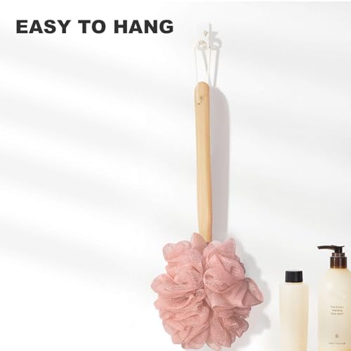 Pink Loofah with Handle - Cute Exfoliating Shower Sponge & Bath Brush for Women & Girls