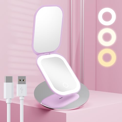 Benbilry Purple Lighted Compact Travel Mirror 1X/3X Slim Rechargeable
