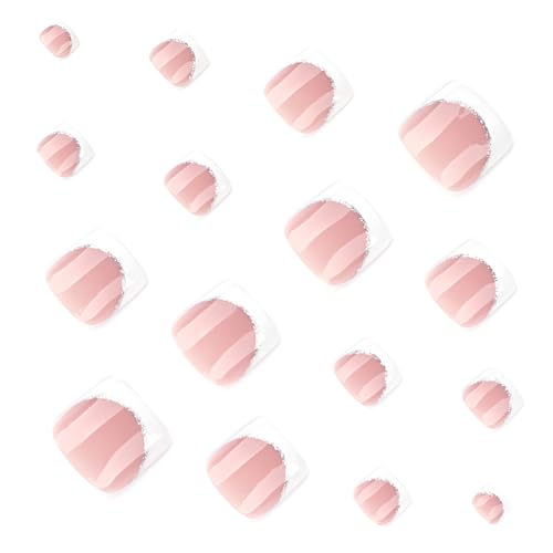 Short Pink French Tip Press On Toenails with Rhinestone Design - 24 Pcs