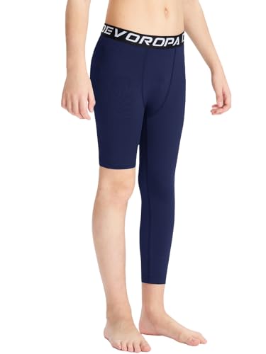 DEVOROPA Youth Boys Compression Pants for Basketball Soccer Medium Navy 3/4 Leggings