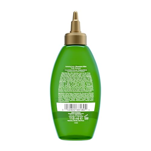 OGX Extra Strength Refreshing Scalp + Rosemary Oil Mint Dry Scalp Treatment, Peppermint & Witch Hazel Scalp Detox, Clarifying Leave-In to Help Remove Buildup and Refresh, Shiny Hair Finish, 4 fl oz