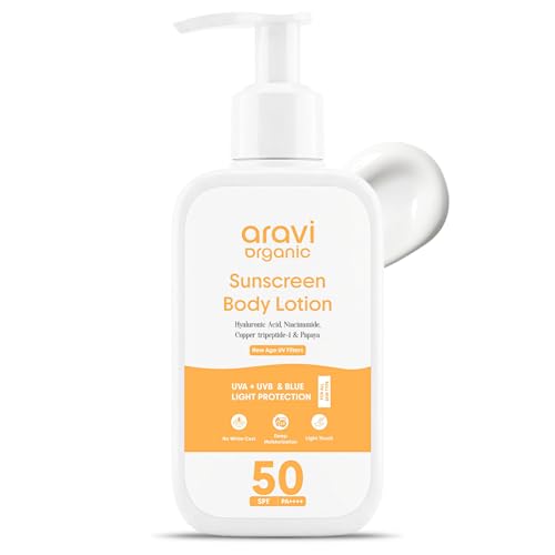 Aravi Organic SPF 50 Water-Resistant Body Sunscreen Lotion 3.38 oz - Vegan Reef Safe Niacinamide Hyaluronic Acid
