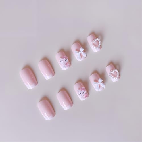 Pink 8 Pcs French Tip Press-On Nails Short Square Fake Nails with Pearls & Bows for Women
