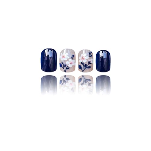 24pcs Dark Blue Daisy Press-On Nails for Spring Manicure