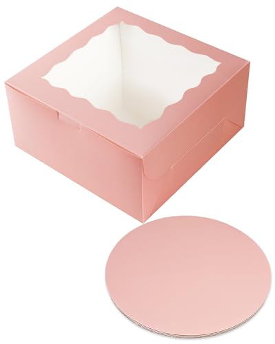 Pink Cake Box Set with Window & 10" Round Cake Boards - 8pcs