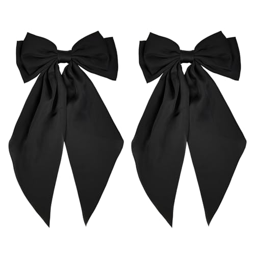 2-Pack Black Satin Hair Clips for Women & Girls – Long Tail Bow Alligator Barrettes