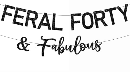 Feral Forty & Fabulous Birthday Banner - Black Glitter Party Decor