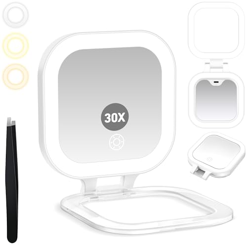 GOMIPURU 30x Magnifying Travel Mirror with Light, LED Compact Makeup Mirror