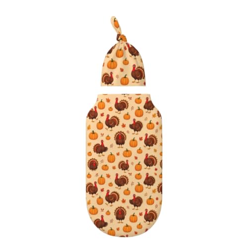 Turkey Pumpkin Baby Swaddle Blanket with Matching Hat - Soft & Safe for 0-6 Months