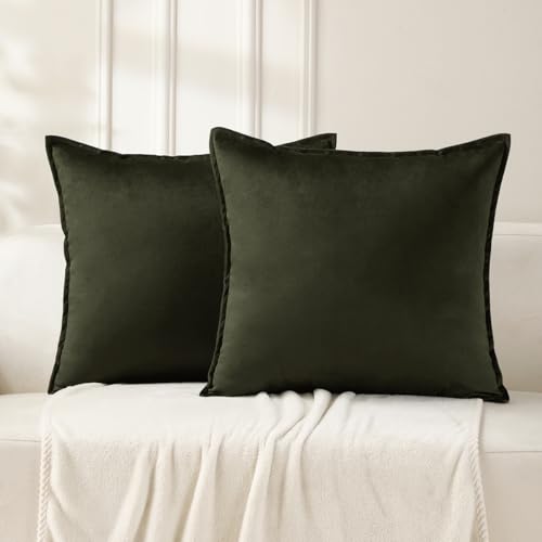 Olive Green Velvet Throw Pillow Covers 18x18 - Set of 2
