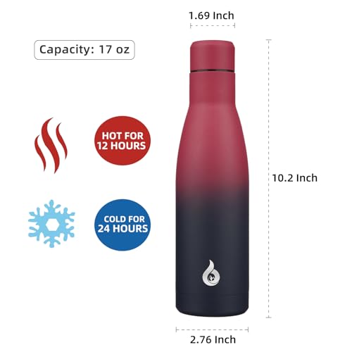17 oz Insulated Stainless Steel Water Bottle - BPA Free, Leak Proof, Keeps Hot & Cold, Black Red