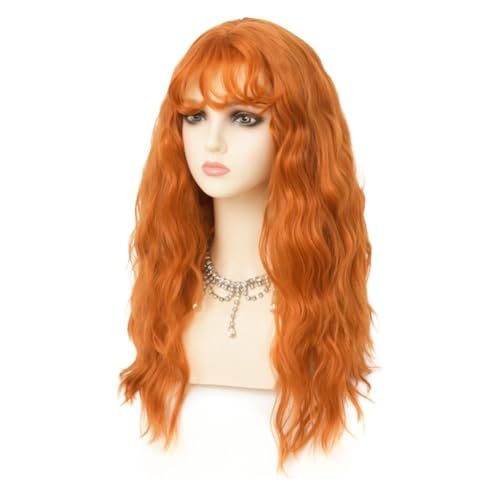 24-Inch Orange Curly Wig with Bangs - Fluffy Synthetic Hair