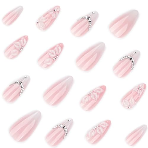 24 Pcs White Almond French Tip Press on Nails with Rhinestones