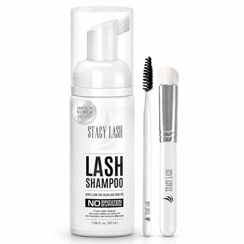 STACY LASH Eyelash Extension Shampoo + Brush / 1.69 fl.oz / 50ml / Korean Makeup Remover/Eyelid Foaming Cleanser/Wash for Extensions & Natural Lashes/Supplies for Professional & Home Use