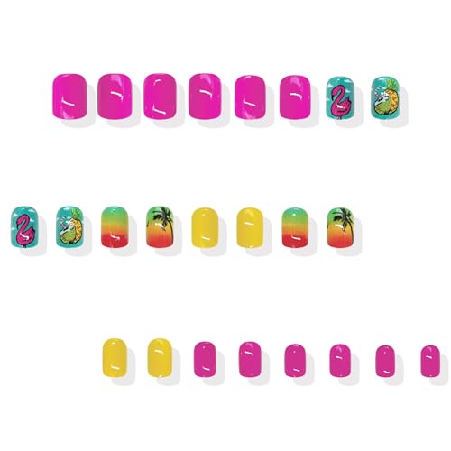 24PCS Tropical Press On Nails - Summer Flamingo & Pineapple Design