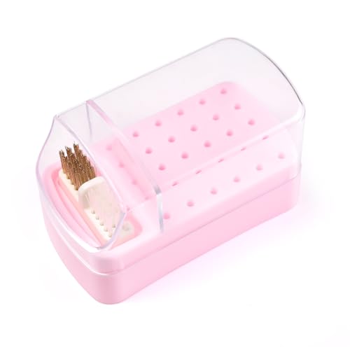 Pink 2-in-1 Nail Drill Bit Holder & Cleaning Brush Case - 30 Holes, Dustproof, Manicure Organizer