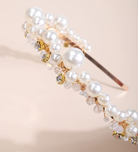Gold Bridal Headband with Pearls and Rhinestones - Wedding Hair Accessories for Brides and Bridesmaids