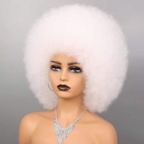 White Afro Wig for Women - Glueless 70s Afro Puff Curly Wig