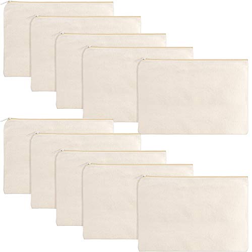 Gejoy 10-Pack Large Blank Canvas Cosmetic Bags, Beige Zipper Pouch for DIY