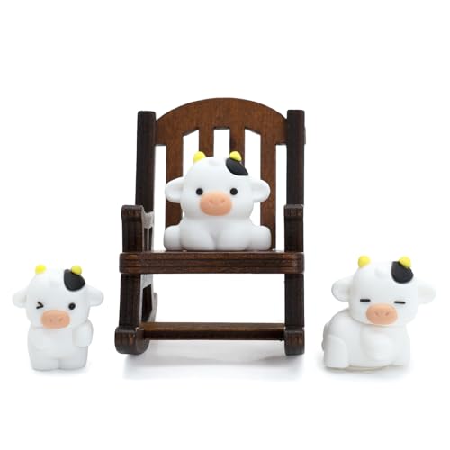 Mini Cow Figurines with Wooden Rocking Chair Desk Decoration