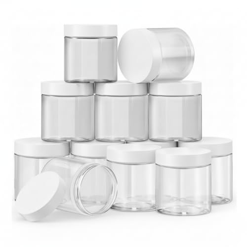 SATINIOR 12 Pack 10 oz Clear Plastic Jars with Lids - White Travel Cosmetic Containers