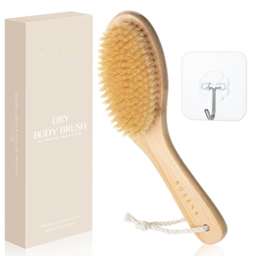 ROSENA Dry Body Brush with Curved Handle & Natural Bristles - Exfoliating Skin Care Tool