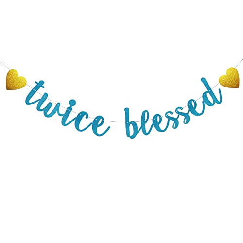 Twice Blessed Banner - Pre-Strung Blue Glitter Party Decor for Twins