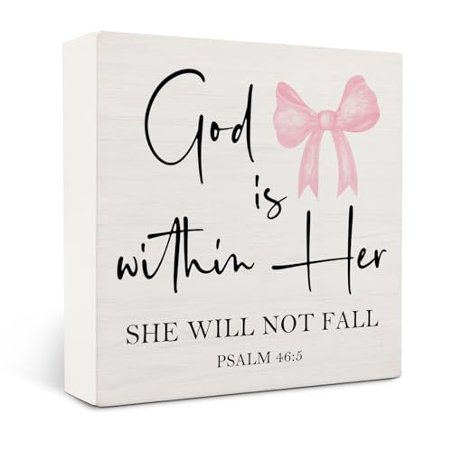 Christian Inspirational Wooden Box Sign with Pink Bow - 5x5 Inches