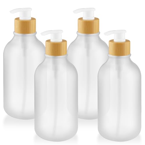 Nozefy 4 Pcs 17oz Plastic Soap Dispenser Set with Wood Grain Pump Lid