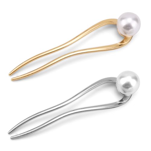 French Pearl Hair Pins 2pcs, Metal U-Shape Hair Clips for Women, Gold & Silver