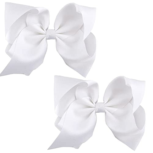 Salocy White 8-Inch Boutique Hair Bows Clips for Girls & Toddlers - Set of 2