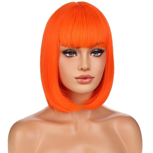 PATTNIUM Bright Orange Bob Wig with Bangs - Heat Resistant Synthetic Hair