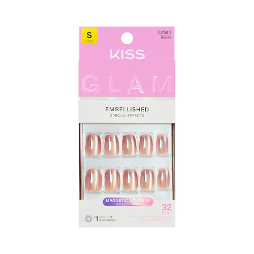 KISS Glam Press On Nails - Golden Hour Affairs, Pink, Short Squoval Shape, 32 Nails & Glue