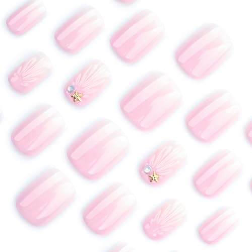 24-Piece Pink Gradient French Tip Press-On Nails with Charms, Short Square