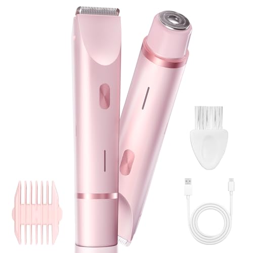 Bikini Trimmer for Women, Dual-Head Electric Body Hair Trimmer for Sensitive Areas, IP67 Waterproof Rinsable, USB-C Rechargeable Groomer for Bikini Line, Underarms, Legs & Face, Soft Pink