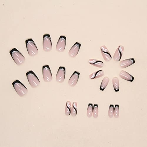 LRKNNO LM2 French Tip Press-On Nails Medium Square with Silver Glitter Line - Glossy Coffin Fake Nails for Women 24Pcs