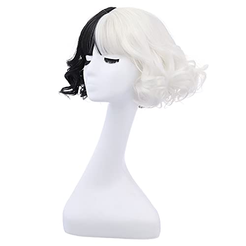 MAGQOO Half Black White Wavy Wig for Women Short Curly Cosplay Halloween Costume
