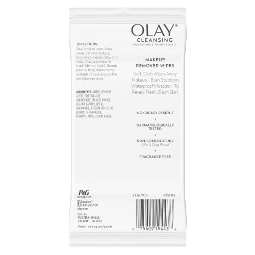 Olay Fragrance-Free Makeup Remover Wipes - Gentle Facial Cleansing Cloths, 25 Count