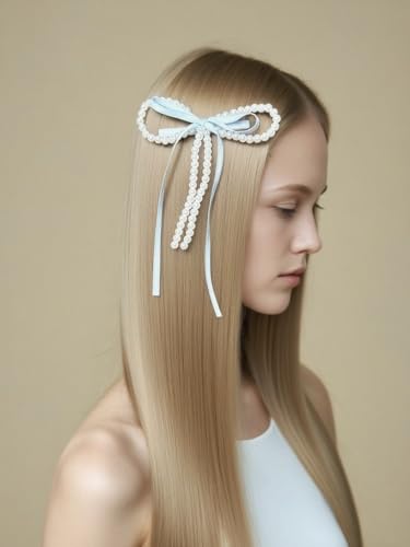 Light Blue Pearl Bow Hair Clips - Adjustable Set of 2 for Girls & Women