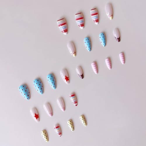 Medium Almond Press-On Nails with Polka Dots & Stripes - 24 Pcs