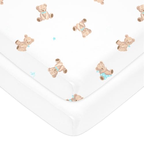 Fitted Mini Crib Sheets 2 Pack - 100% Cotton, 24x38, Bear & White