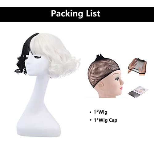 MAGQOO Half Black White Wavy Wig for Women Short Curly Cosplay Halloween Costume