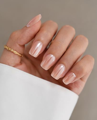 ESLALA Short Squoval Chrome Press-On Nails with Pink Aurora Finish, Reusable 32-Piece Kit - Champagne Variation