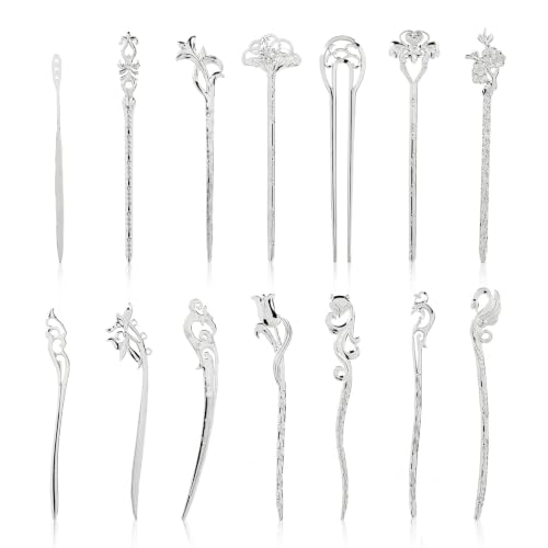 Lawie 14 Pack Vintage Silver Metal Hair Sticks for Bun & Chignon